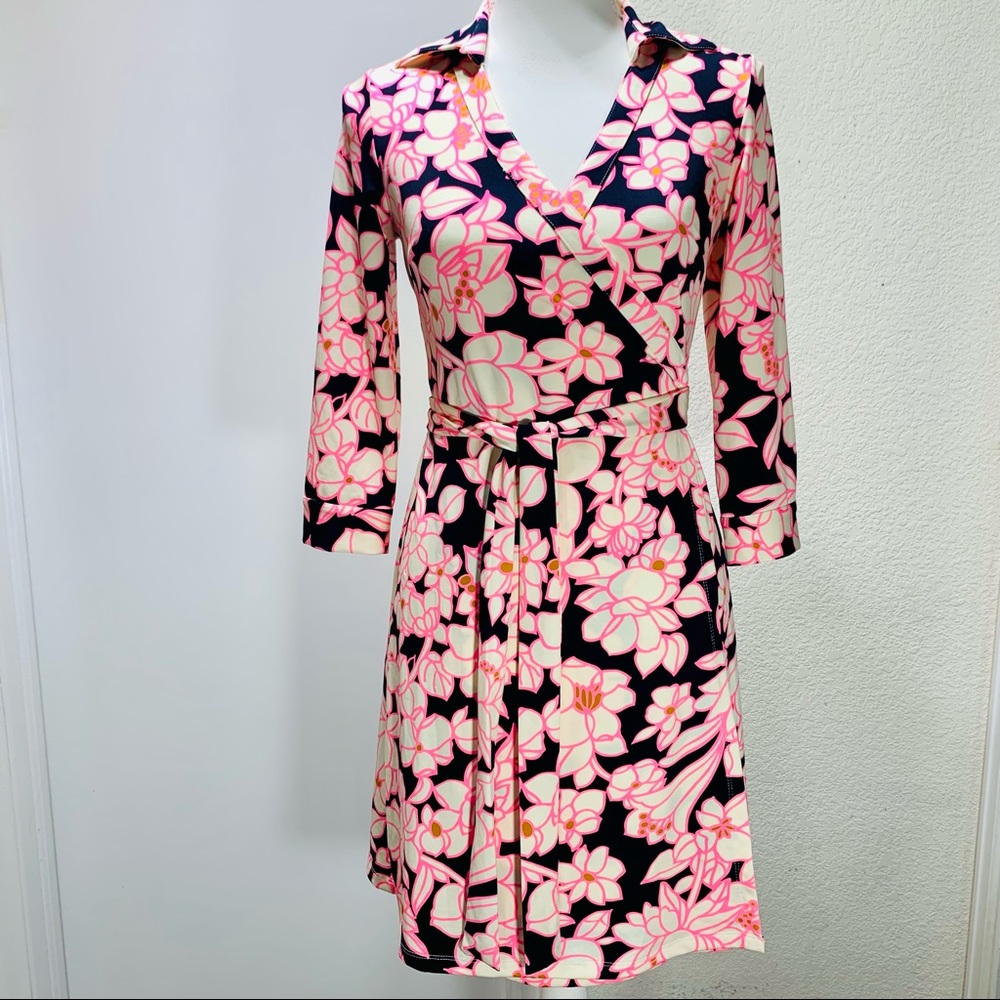 Black & Pink Floral Wrap Dress
